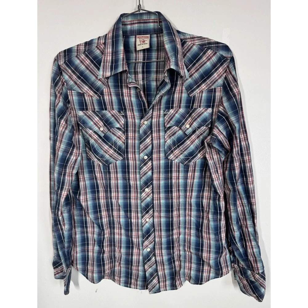 True Religion Long‎ Sleeve Blue Plaid Pearl Snap Up Pocket Shirt Men's L Western